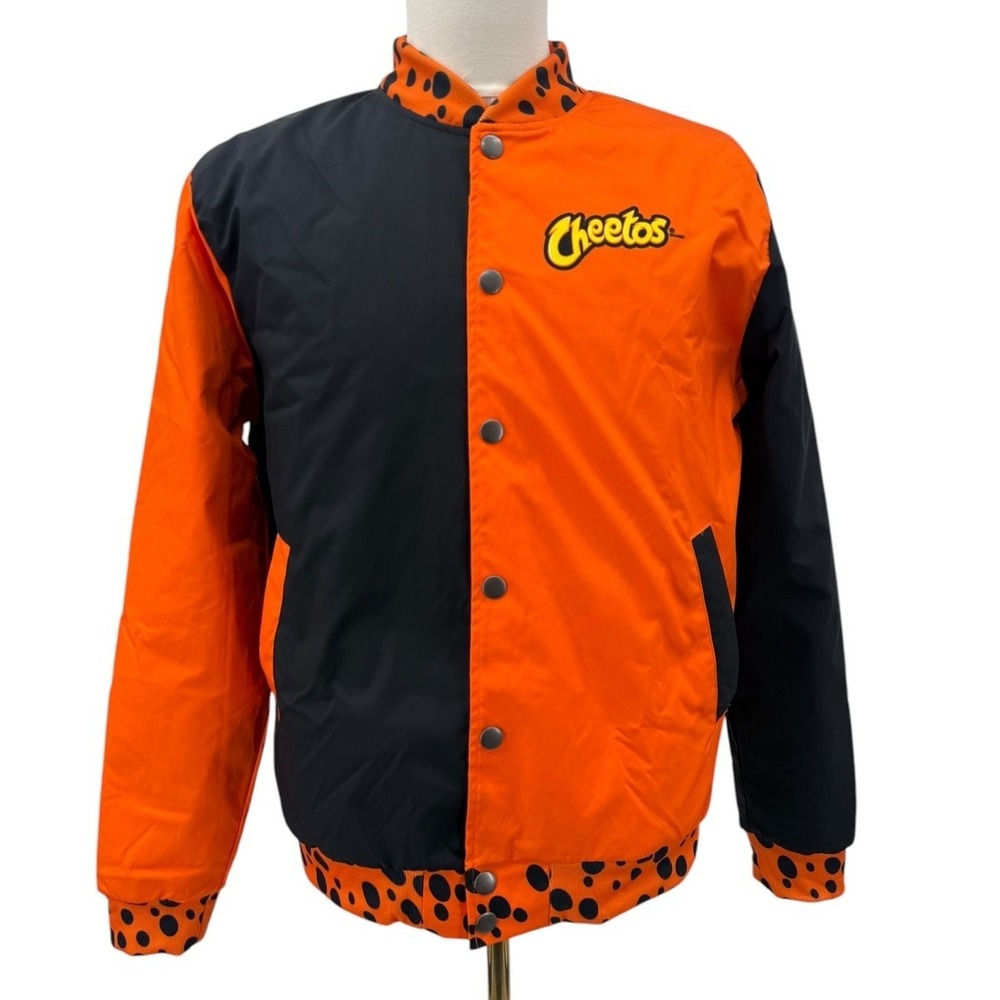 Cheetos Varsity Jacket Mens M Orange Black Snap Bomber Unisex Streetwear Quilted